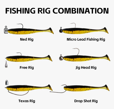 Artificial fishing lure set showing multiple rig types with swimbait bodies and hooks