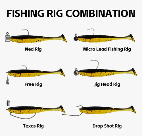 Artificial fishing lure set showing multiple rig types with swimbait bodies and hooks