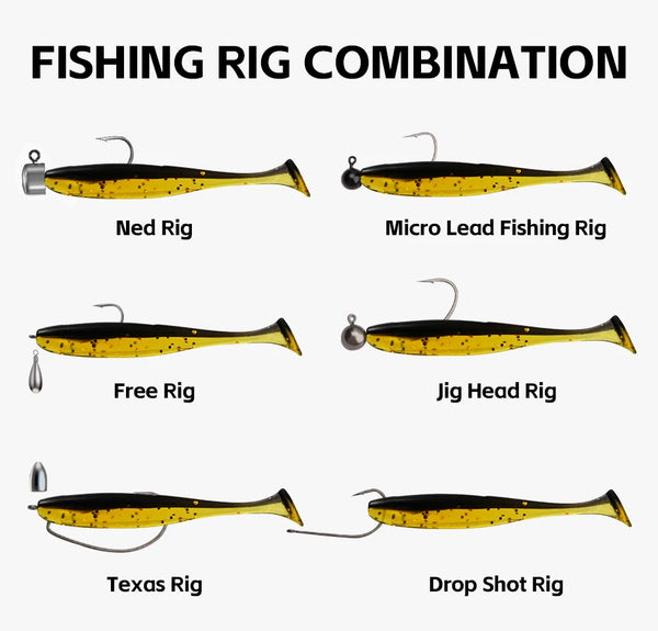 Artificial fishing lure set showing multiple rig types with swimbait bodies and hooks