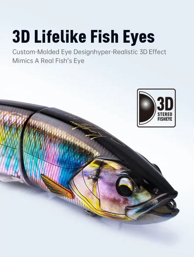 3D-eyed multi-jointed fishing lure with iridescent rainbow scale finish and open hook