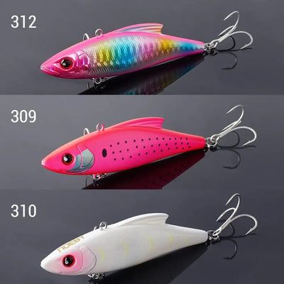 Hard crankbait set: pink iridescent, bright pink, and white lures with treble hooks