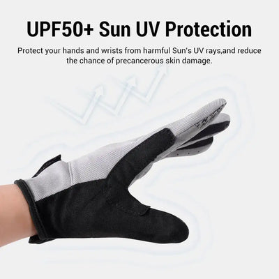 White fishing glove with black palm and fingertips, cuff with black trim