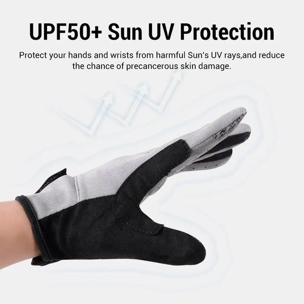 White fishing glove with black palm and fingertips, cuff with black trim