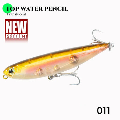 Floating pencil fishing lure in orange-gold with clear body and treble hooks