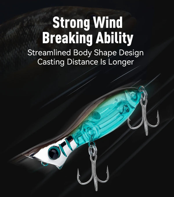 Teal floating fishing popper lure with two treble hooks and white stripe detail