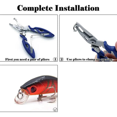 Split-ring plier kit showing clamping setup with lure connector ring and pliers