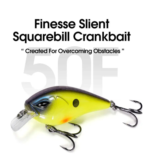 Yellow squarebill crankbait with dark back, white lip, and treble hooks