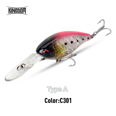Floating crankbait minnow lure, Type A, pink-and-clear body with speckled pattern and 2 treble hooks