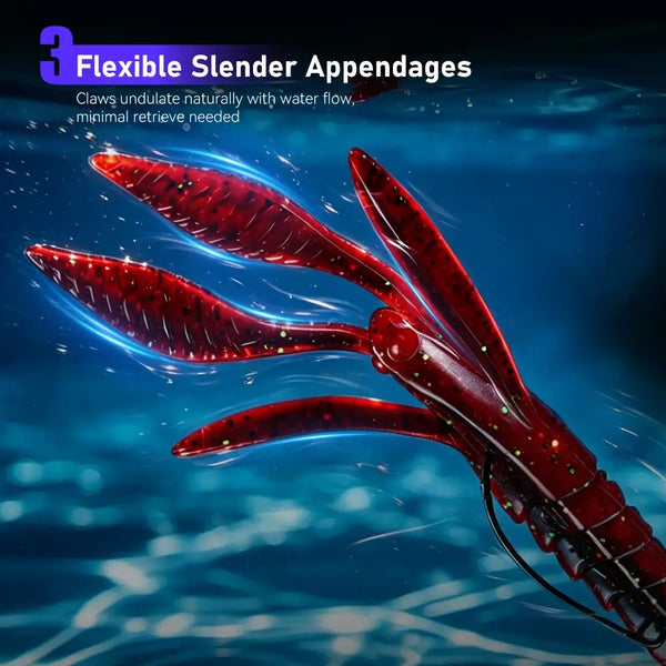 Red PVC sinking soft crawfish lure with flexible slender appendages and claws