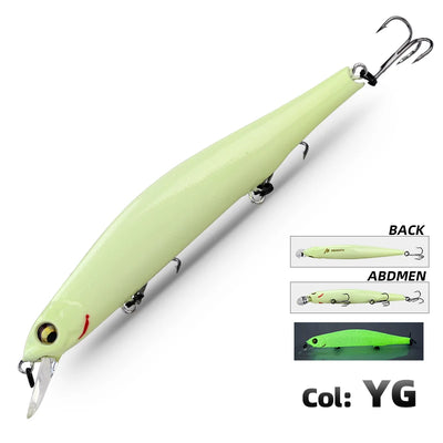 Light lime green minnow fishing lure with silver belly and treble hooks