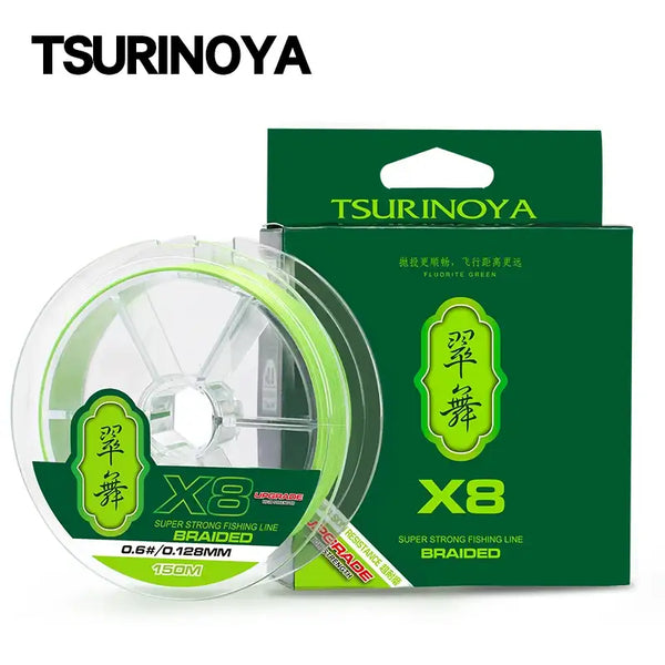 Green X8 braided fishing line on clear spool with Tsurinoya box