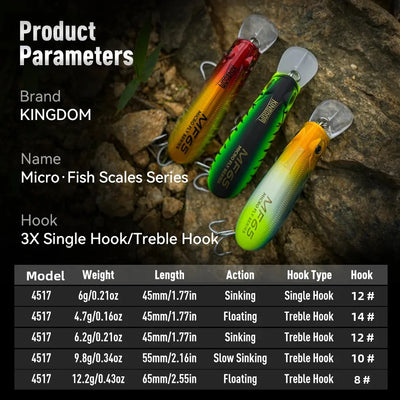Assorted micro fish-scale lures in red, green, and yellow with attached treble hooks