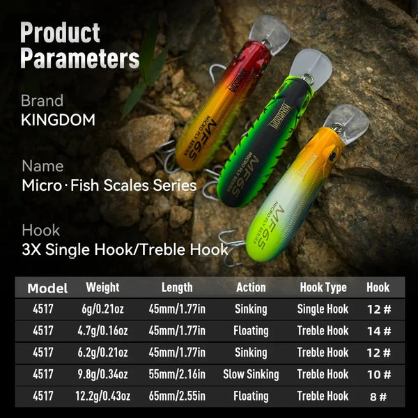 Assorted micro fish-scale lures in red, green, and yellow with attached treble hooks