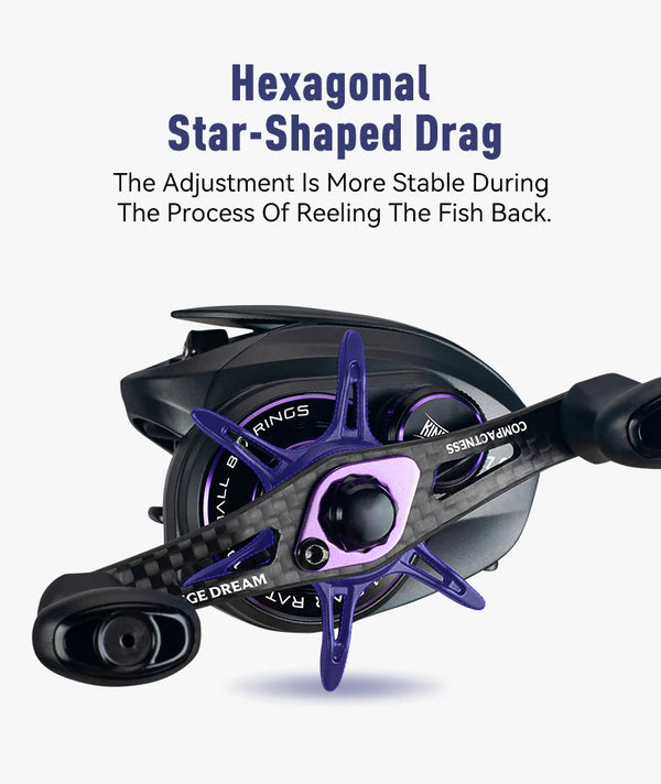 Black baitcasting reel with purple hexagon star-shaped drag and crank handle