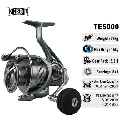 Spinning fishing reel with spare spool, gray metal body and black handle grip