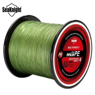 Green braided fishing line spool with red PE label and 300m capacity.