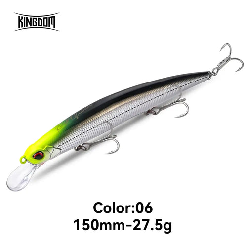 Floating minnow fishing lure, green and silver body with black back, 150mm-27.5g