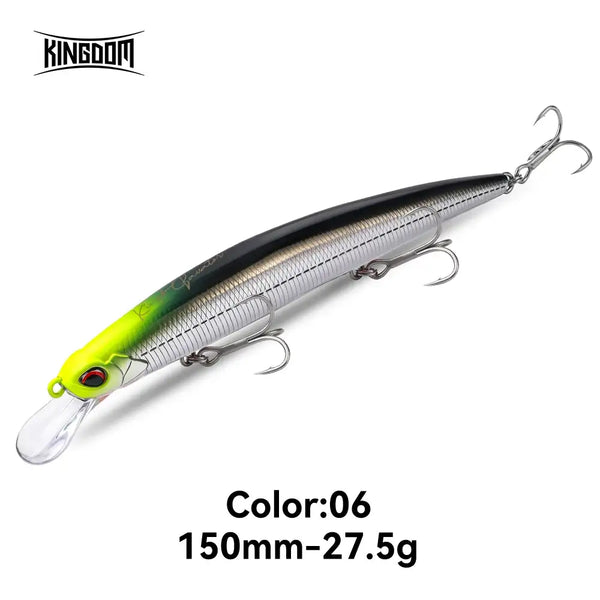 Floating minnow fishing lure, green and silver body with black back, 150mm-27.5g