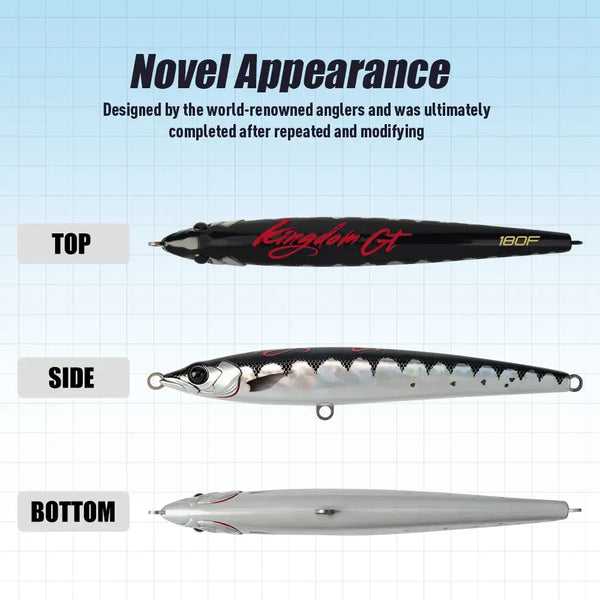 Floating pencil lure set showing top, side, and bottom views in black and white