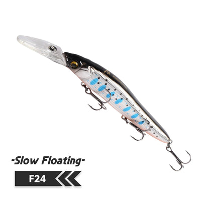 110mm minnow wobbler hard bait in black with blue dot pattern, silver belly, treble hooks