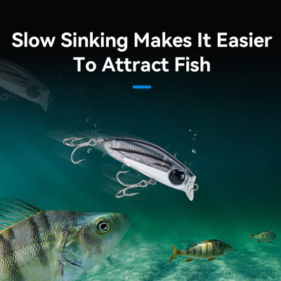 Silver micro minnow fishing lure with black eye and three treble hooks