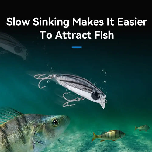 Silver micro minnow fishing lure with black eye and three treble hooks