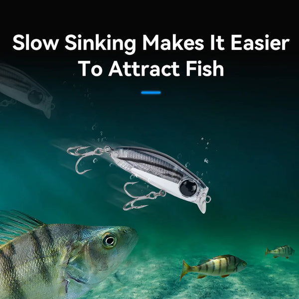 Silver micro minnow fishing lure with black eye and three treble hooks