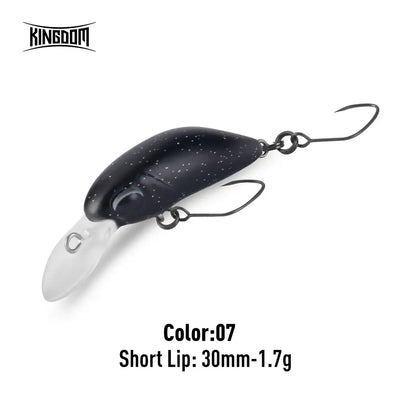 Artificial crankbait minnow lure, dark speckled black, short lip, with treble hooks