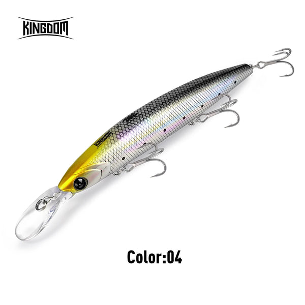 Sinking fishing lure with black and silver textured body, gold nose, treble hooks