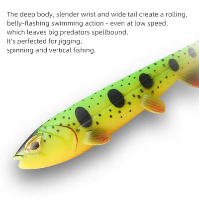 Chartreuse paddle-tail swimbait lure with black spot pattern, orange fins, and pale belly