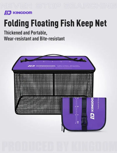 Folding floating fish keep net set with purple mesh net and matching storage bag