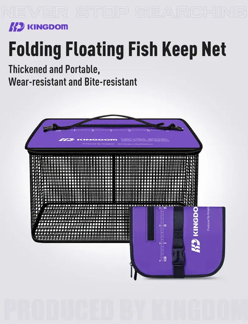 Folding floating fish keep net set with purple mesh net and matching storage bag