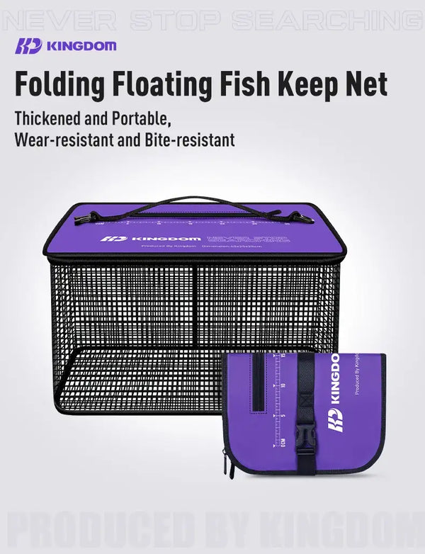 Folding floating fish keep net set with purple mesh net and matching storage bag