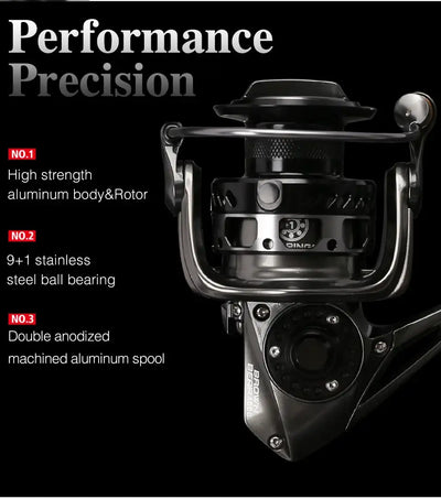 Spinning reel performance view showing front reel housing and handle