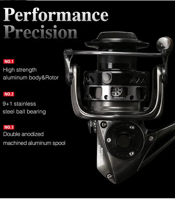 Spinning reel performance view showing front reel housing and handle