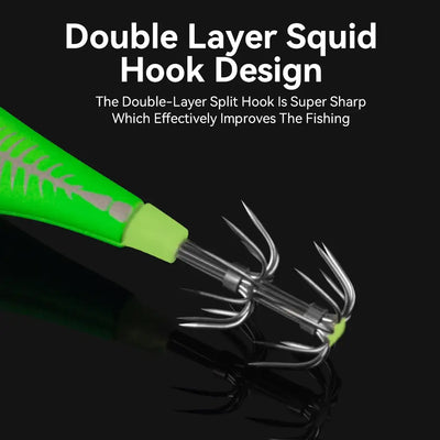 Green squid jig lure close-up with double split treble hook design