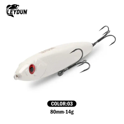 Leydun Ministre Jack sinking pencil lure in white with red eye, 80mm 14g, weighted transfer, three treble hooks