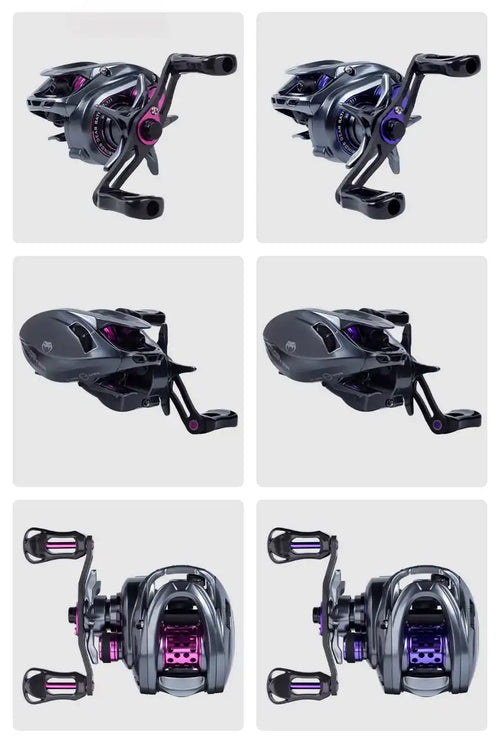 Micro baitcasting fishing reel, multi-angle views, dark body with pink spool accents