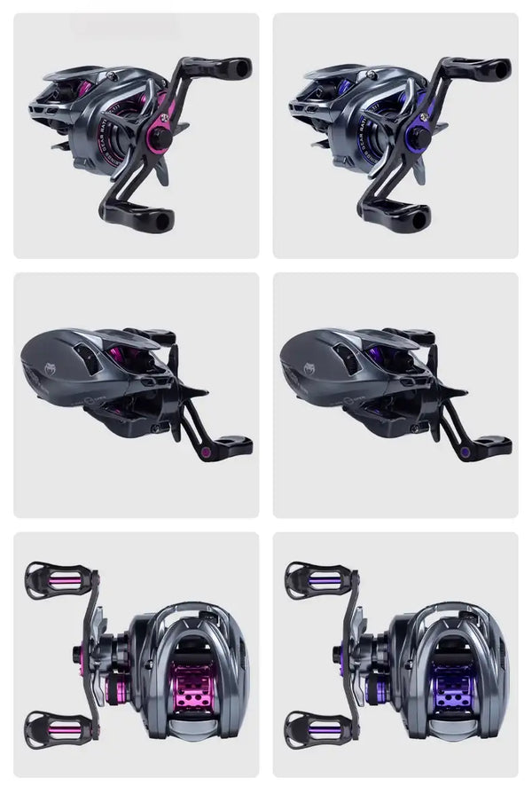 Micro baitcasting fishing reel, multi-angle views, dark body with pink spool accents