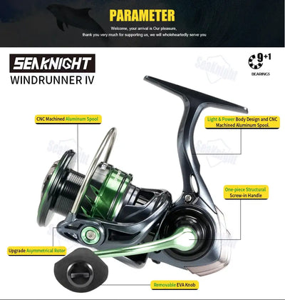 SeaKnight WR4 Windrunner IV black green spinning reel with CNC machined aluminum spool and carbon fibre drag