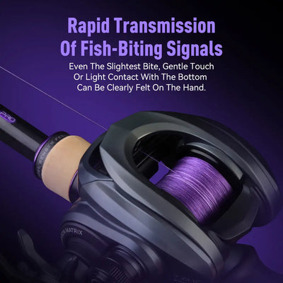 Purple braided fishing line spooled on a fishing reel