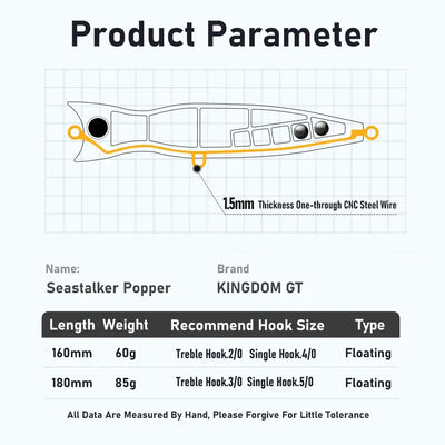 KINGDOM GT floating popper lure diagram, side view with hook placements