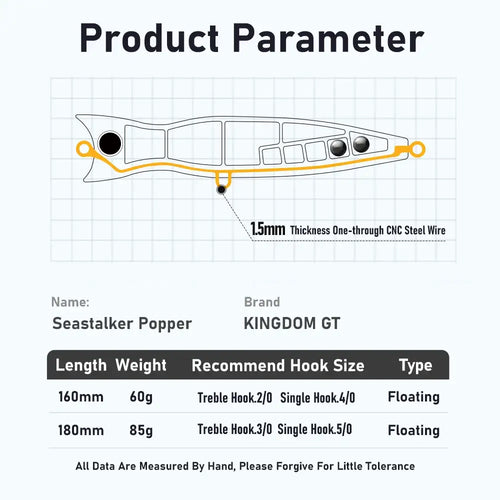 KINGDOM GT floating popper lure diagram, side view with hook placements