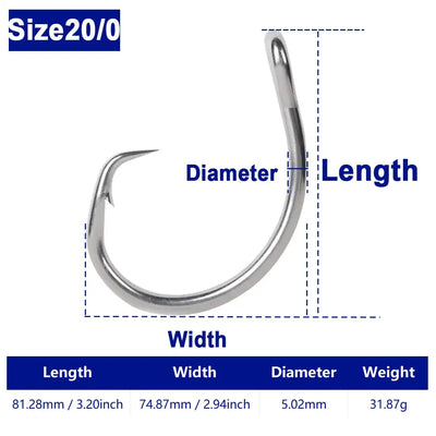 Stainless steel circle fishing hook, Size 20/0, saltwater heavy duty