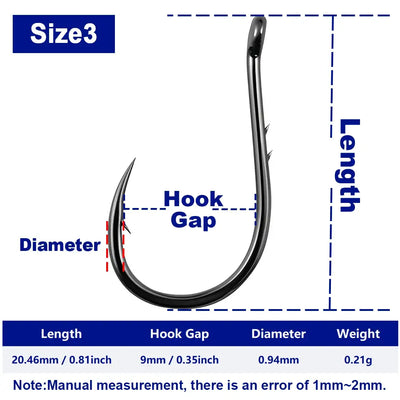 Black offset circle baitholder fishing hook with barbed point, Size 3