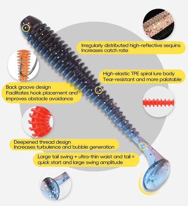 Blue spiral soft swimbait with deep back groove and reflective sequins, red tail inset