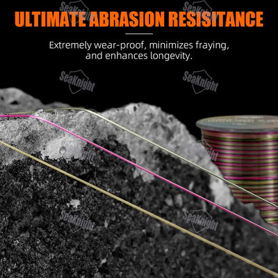 Three-tone monofilament fishing line strands over textured surface