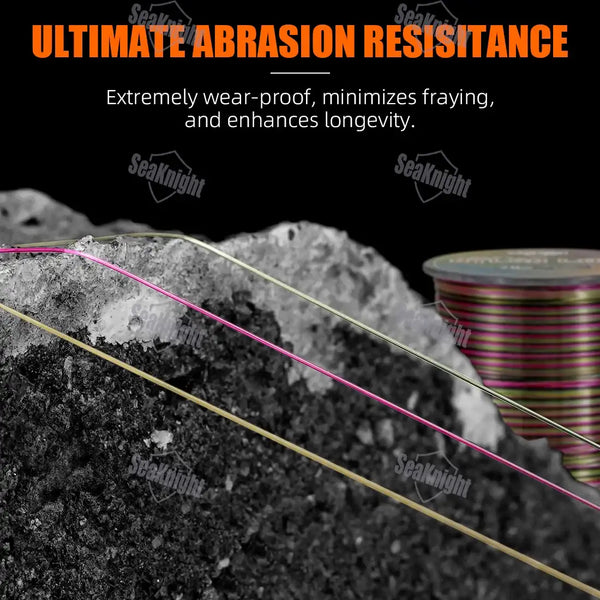 Three-tone monofilament fishing line strands over textured surface