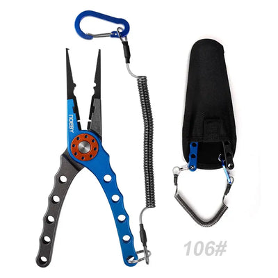 106# split ring pliers set with blue handle, stainless jaws, and lanyard
