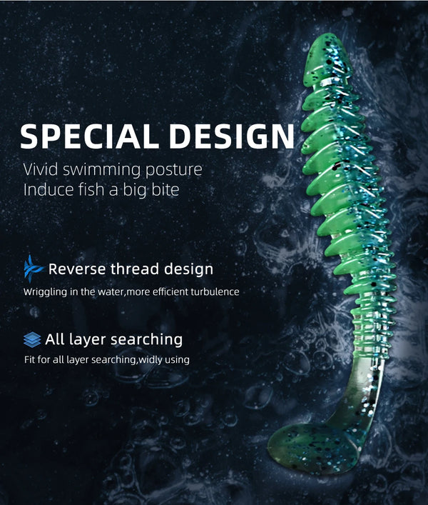 Green paddle tail soft plastic lure with spiral reverse-thread body detail